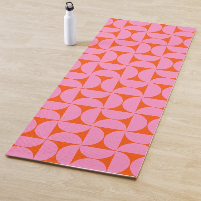 Pink And Orange Mid Century Modern Pattern Yoga Mat (In Situ)