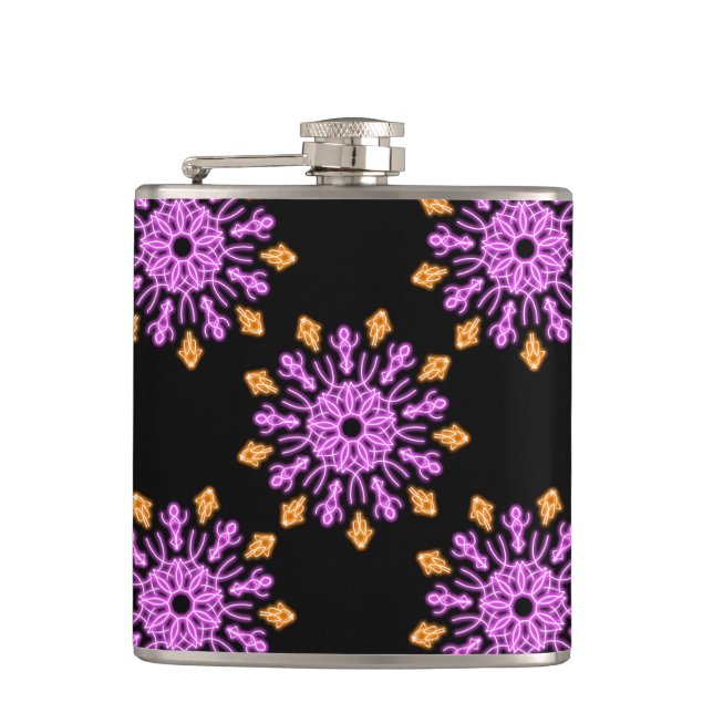 Pink and orange neon flower hip flask (Front)