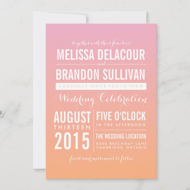 Pink and Orange Ombre Gradient Wedding Invitations (Front)