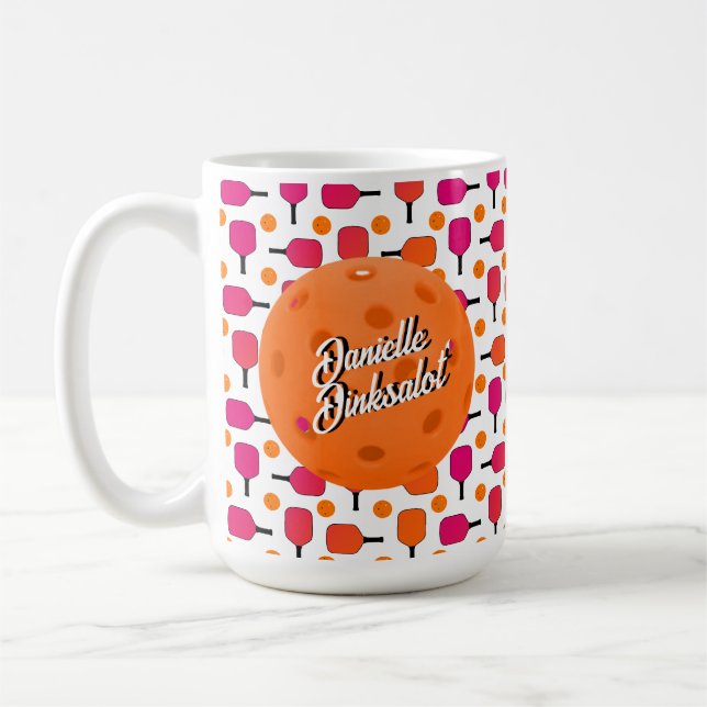 Pink and Orange Pickleball Paddles Personalised Coffee Mug (Left)