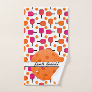 Pink and Orange Pickleball Paddles Personalised Hand Towel