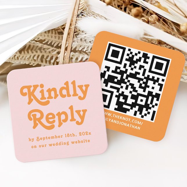 Pink and Orange Retro 70s Wedding RSVP Qr Code Enclosure Card (Creator Uploaded)