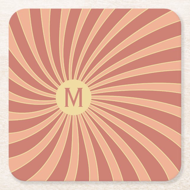 Pink and orange retro style sunburst design square paper coaster (Front)