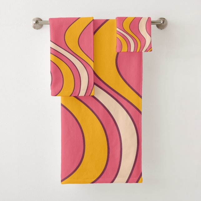 Pink and orange retro style waves bath towel set (Insitu)