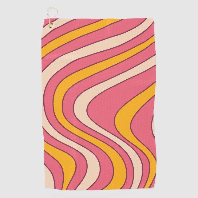 Pink and orange retro style waves golf towel (Front)