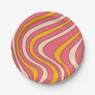 Pink and orange retro style waves paper plate