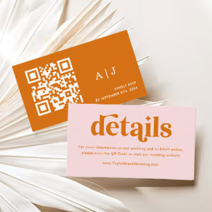 Pink and Orange Retro Wedding Details Qr Code Enclosure Card