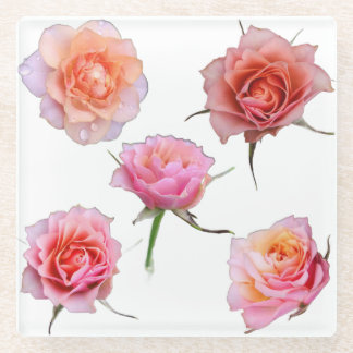 Pink and Orange Rose Glass Coaster