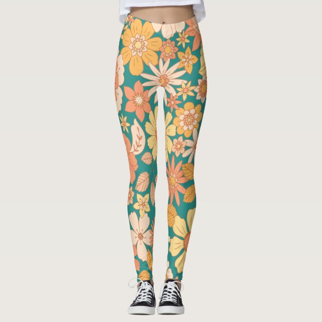 pink and orange spring flowers pattern leggings (Front)