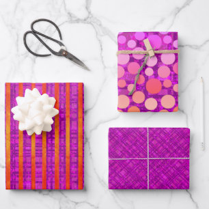 Pink and Orange, Stripes, Plaid, Polka Dots Wrapping Paper Sheet