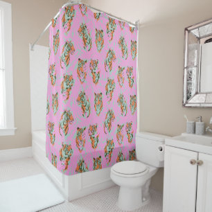 Pink and Orange Tiger Jungle Maximalist Pattern Shower Curtain