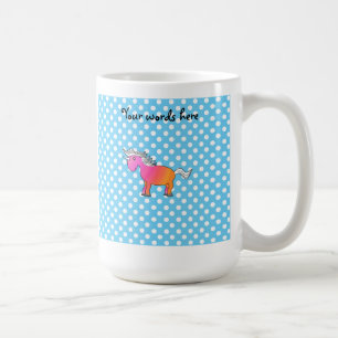 Pink and orange unicorn on blue polka dots coffee mug