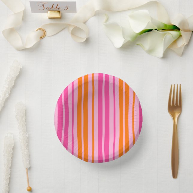  Pink and Orange Vertical Stripes Design   Paper Plate (Wedding)