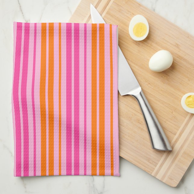  Pink and Orange Vertical Stripes Design   Tea Towel (Quarter Fold)