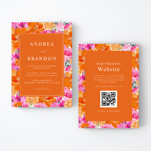 Pink and Orange   Vibrant Garden   QR Code Wedding Invitation