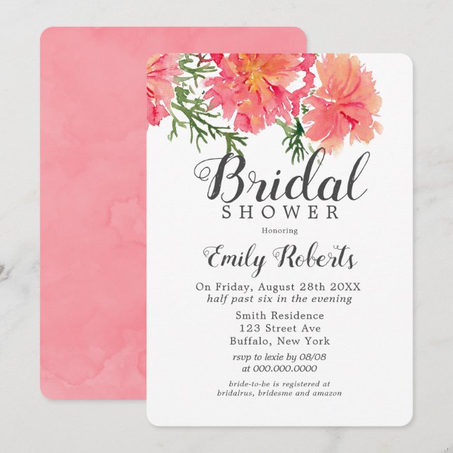 Pink and Orange Watercolor Dahlia Bridal Shower  Invitation (Front/Back)