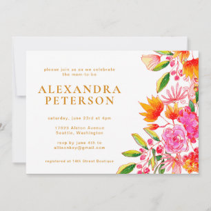 Pink and Orange Watercolor Floral Baby Shower Invitation