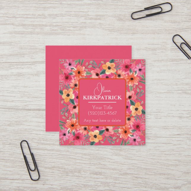 Pink And Orange Watercolor Floral Business Cards  (Front/Back In Situ)