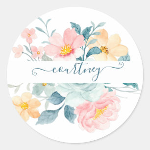Pink and orange watercolor floral personalised classic round sticker
