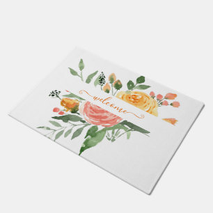 Pink and orange watercolor floral personalised doormat
