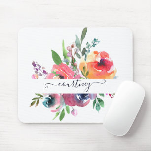 Pink and orange watercolor floral personalised mouse pad