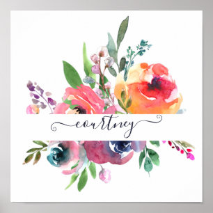 Pink and orange watercolor floral personalised poster