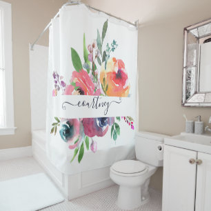 Pink and orange watercolor floral personalised   shower curtain