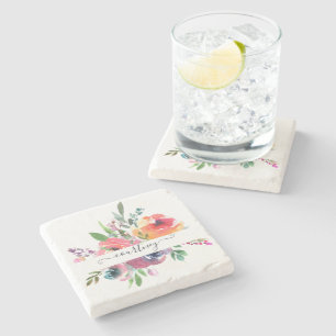 Pink and orange watercolor floral personalised stone coaster