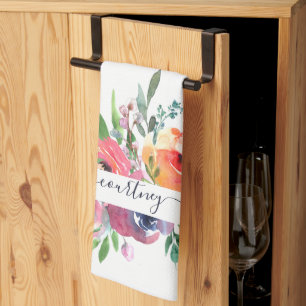 Pink and orange watercolor floral personalised   tea towel