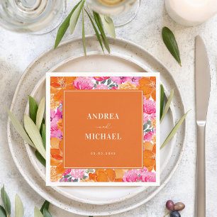 Pink and Orange Watercolor Floral Summer Wedding Napkin
