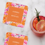 Pink and Orange Watercolor Floral Summer Wedding Square Paper Coaster<br><div class="desc">These elegant paper coasters,  featuring pink and orange floral and custom text would make a great addition to your wedding celebration. Easily add your own details by clicking on the "personalise" option.</div>