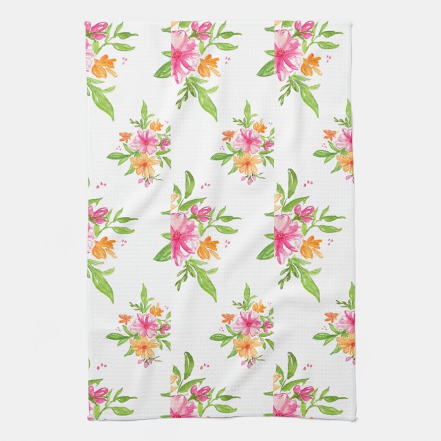 Pink and Orange Watercolor Florals kitchen towel (Vertical)
