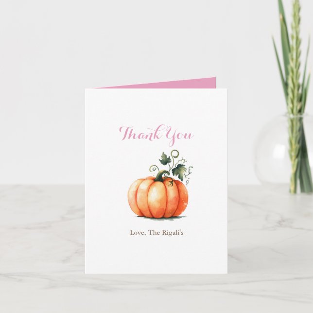 Pink and Orange Watercolor Pumpkin Thank You Card (Front)