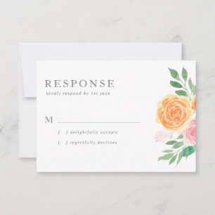 Pink and Orange Watercolor Roses Wedding RSVP Card