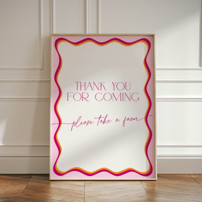 Pink and Orange Wavy Border Thank You for Coming Pedestal Sign (Retro pink and orange wavy border thank you for coming sign, please take a favor)