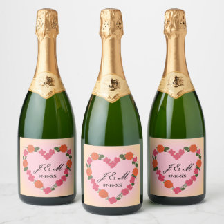 pink and orange wedding heart shaped flower crown sparkling wine label