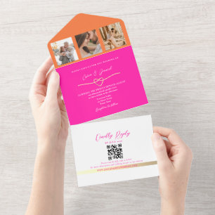 Pink and Orange Wedding Invitation with QR Code