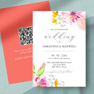 Pink and Orange Wedding Invitations with QR code