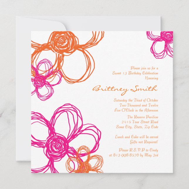 Pink and Orange Wild Flowers Birthday Invitation (Front)