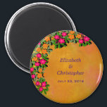 Pink and Orange Wildflowers Wedding Date Magnet<br><div class="desc">A pretty floral themed wedding magnet. The top and left borders are surrounded by pink and orange wildflowers nestled in a bed of green leaves. The background is an abstract design with swirling wispy colours mixing and blending together in orange yellow and pink. Personalise / customise with your own details....</div>