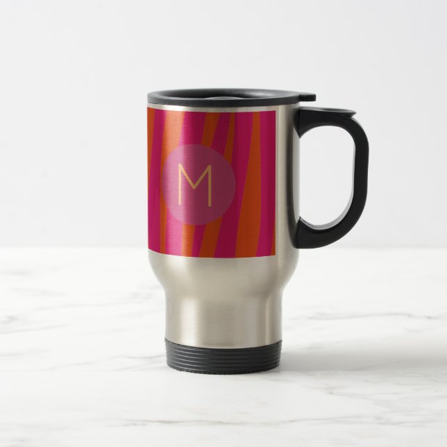 Pink and Orange Zebra Stripes Modern Monogram Travel Mug (Right)