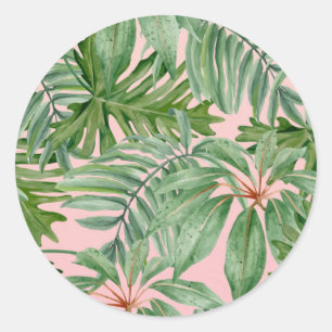 Pink and Palm Leaf Tropical Floral Pattern Classic Round Sticker
