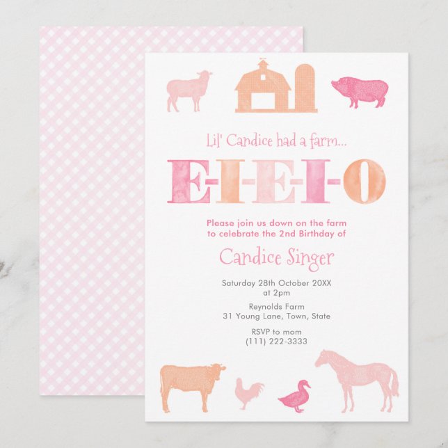 Pink And Peach EIEIO Farm Birthday Party For Girl Invitation (Front/Back)