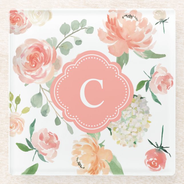 Pink and Peach Floral Pattern with Monogram Glass Coaster (Front)