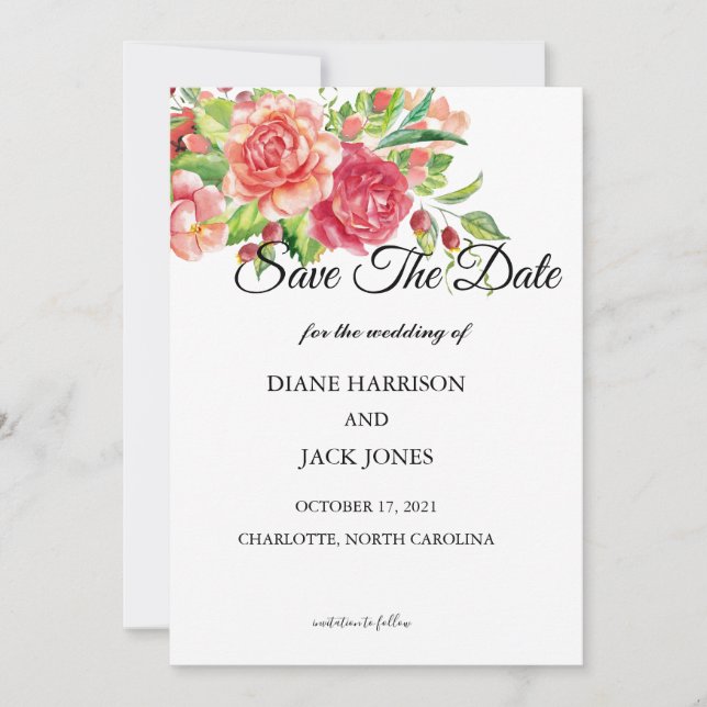 Pink and Peach Floral Wedding Save The Date Invitation (Front)