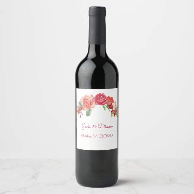 Pink and Peach Floral Wedding Wine Label (Front)