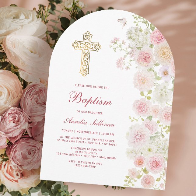 Pink and Peach Flowers Arch Baptism Invitation (Creator Uploaded)