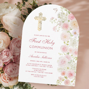 Pink and Peach Flowers Arch First Communion Invitation
