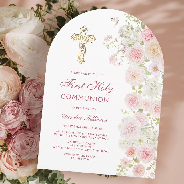 Pink and Peach Flowers Arch First Communion Invitation (Creator Uploaded)