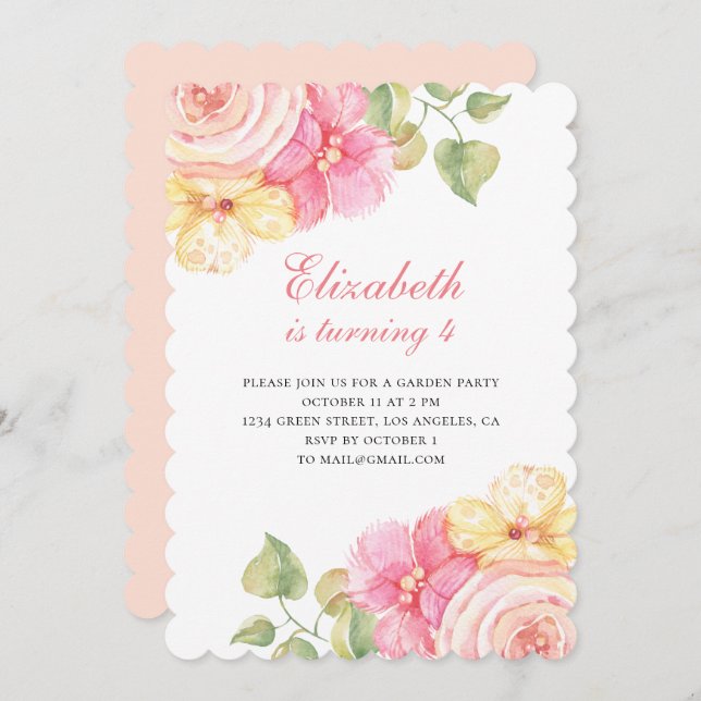 Pink and peach flowers. Girl floral birthday party Invitation (Front/Back)